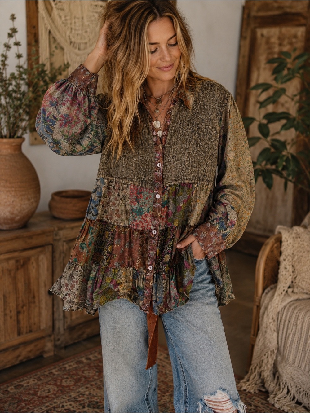 Young Threads Patchwork Boho Button-Up Top Medium NWT